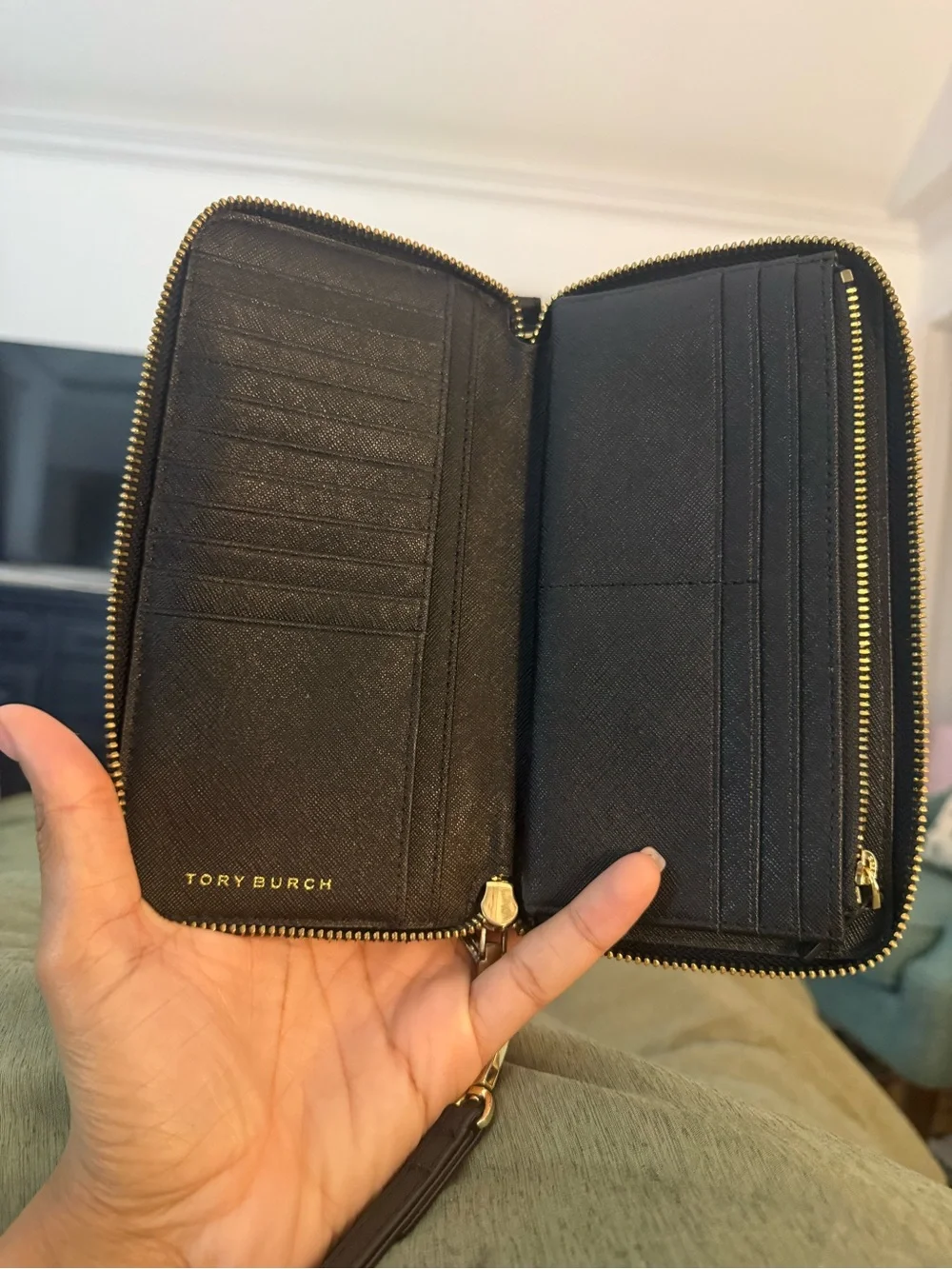 Tory Burch Dark Brown Zip Around Continental Wallet with Gold Logo